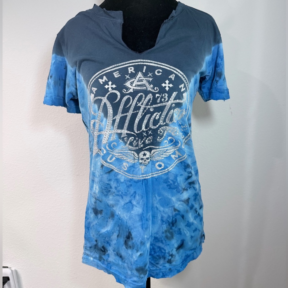 Affliction Blue Tie Dye Rhinestone Graphic Tee Y2K Biker Style